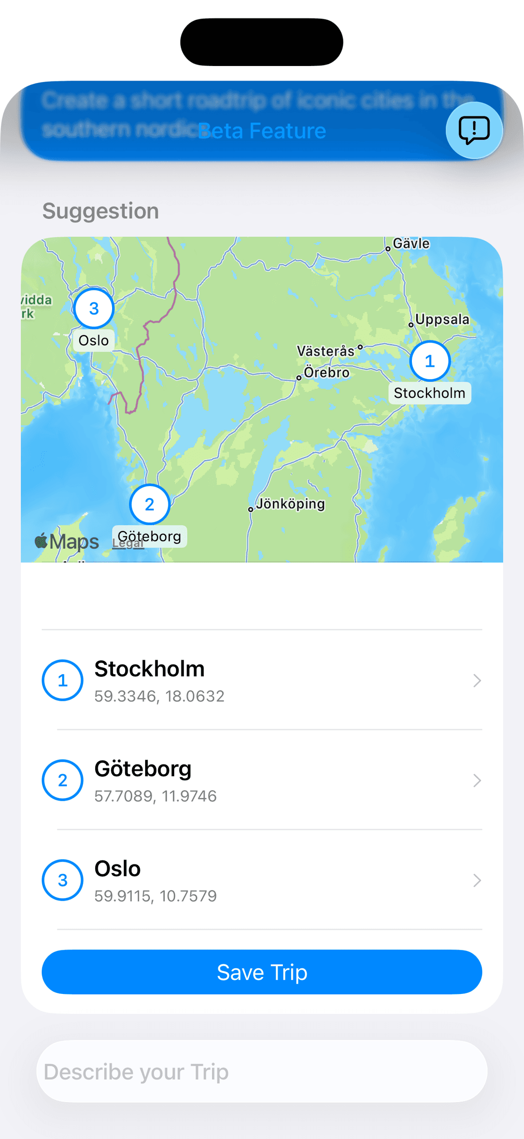 AI Trip Assistant creating a roadtrip with stops