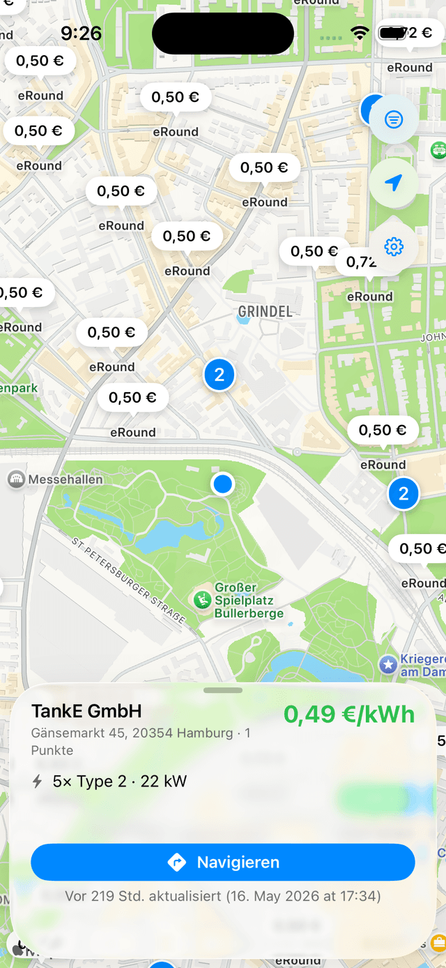 Fernweh-Charge-Detailansicht mit €/kWh-Preis, Betreiber und Adresse der Ladesäule