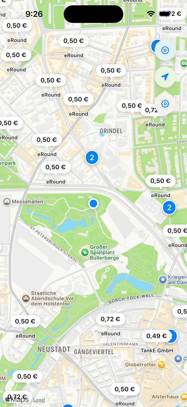 Fernweh-Charge-Karte mit E-Ladestation-Pins nach Preis eingefärbt in ganz Deutschland
