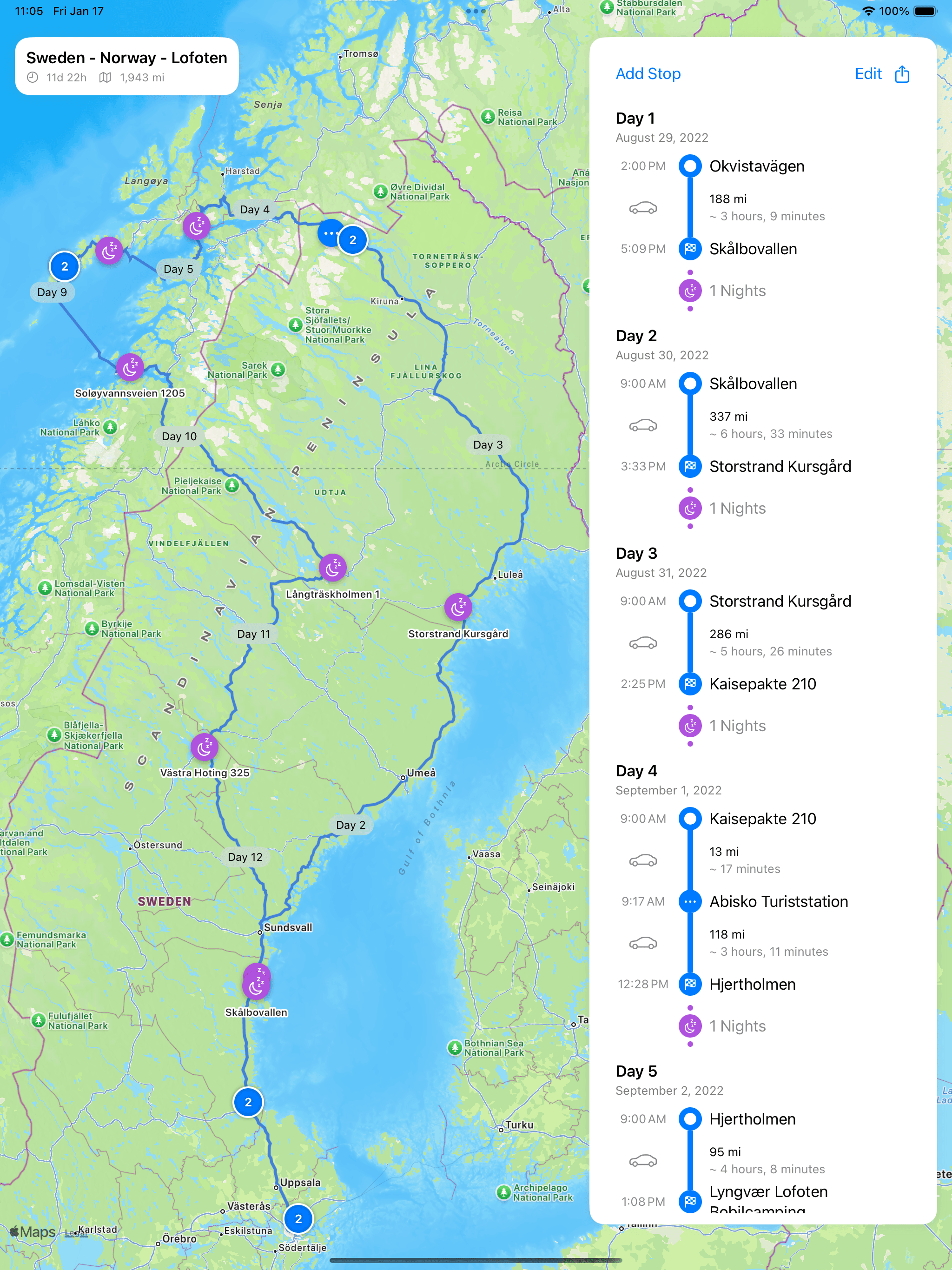 Fernweh app screenshot showing route planning