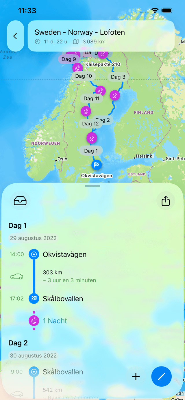 Schermafbeelding van de Fernweh-app met kaartweergave