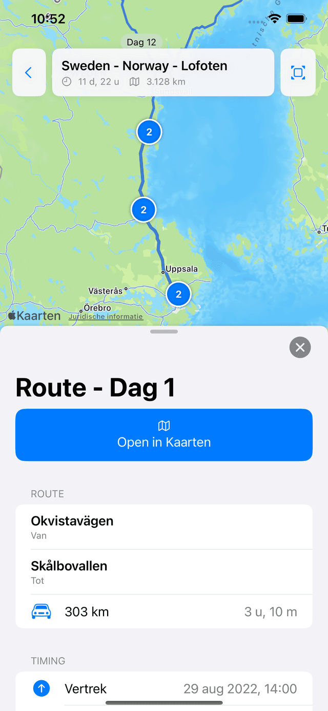 Schermafbeelding van de Fernweh-app met kaartweergave