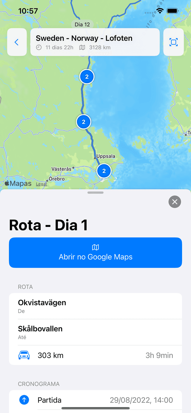 Captura de tela do aplicativo Fernweh mostrando a visualização do mapa