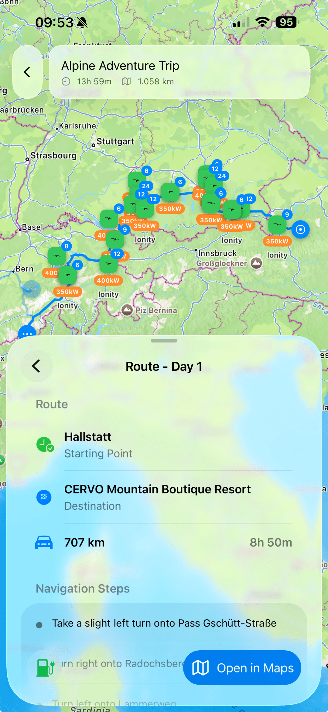 Map showing EV charging stations along route
