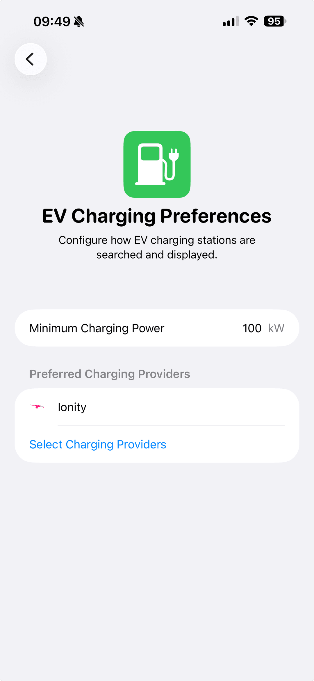 EV charging preferences settings