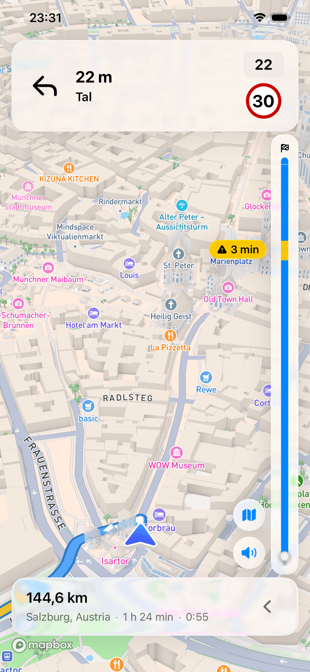 Captura de la app Fernweh mostrando la navegación giro a giro