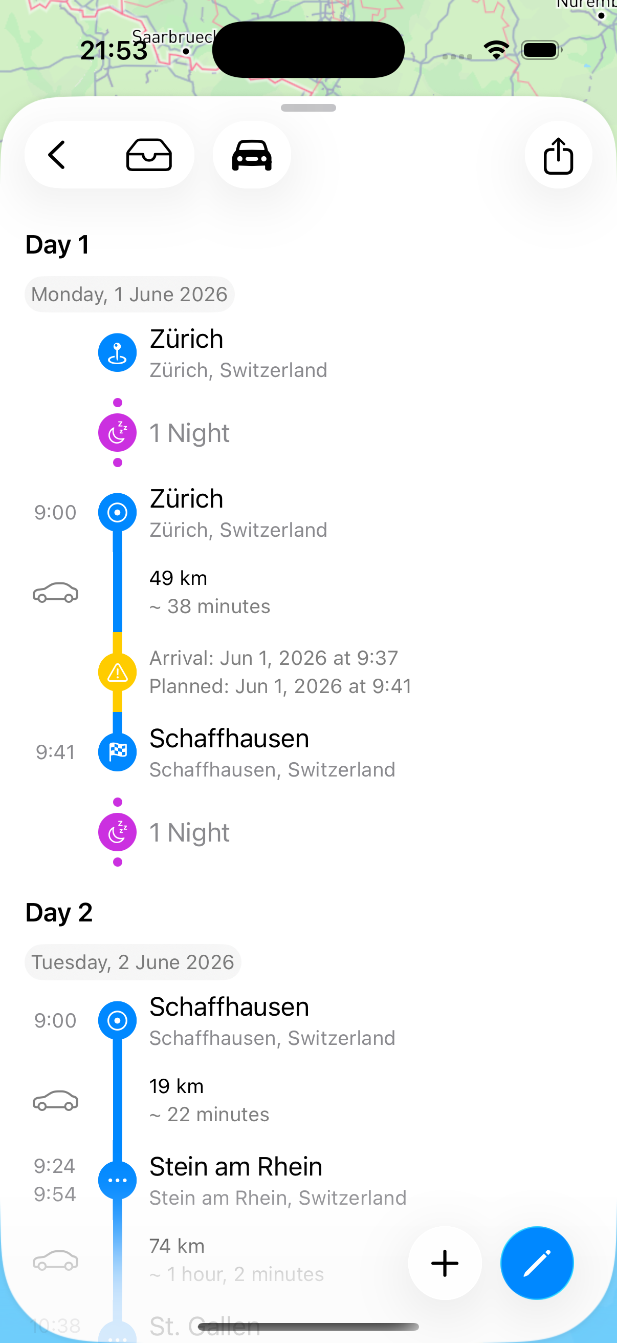 Fernweh itinerary detail — Day 1 and Day 2 with stop names, drive times, and overnight stays