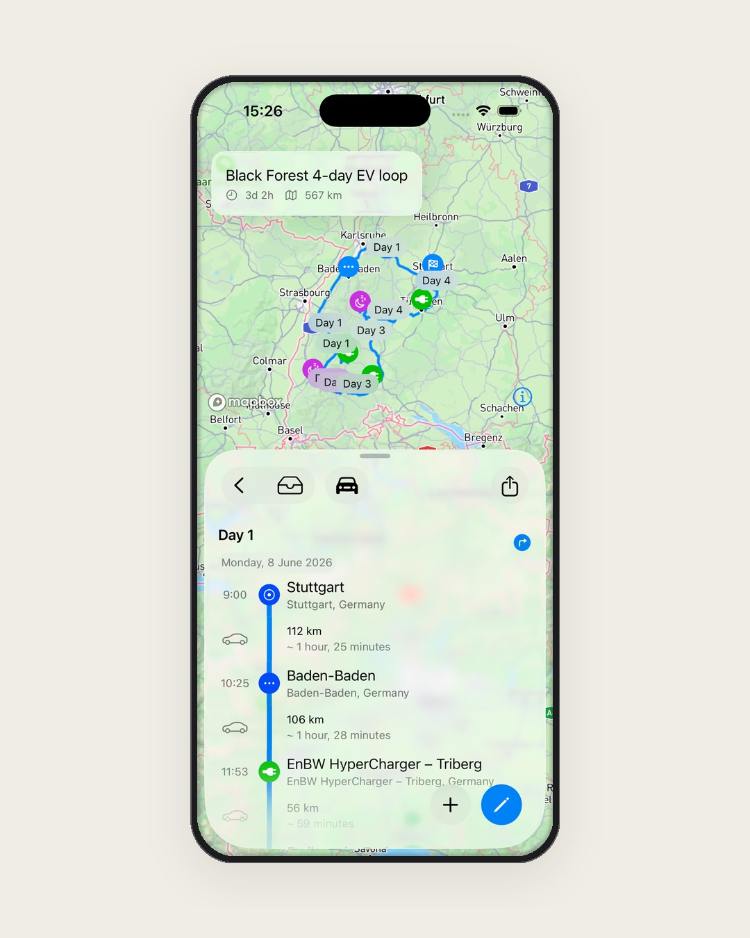 Fernweh showing the Black Forest 4-day EV loop with the green charger pin marking EnBW HyperCharger Triberg