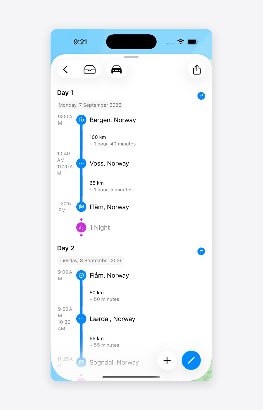 The trip broken into days, each leg showing distance and drive time, with the overnight stay between them